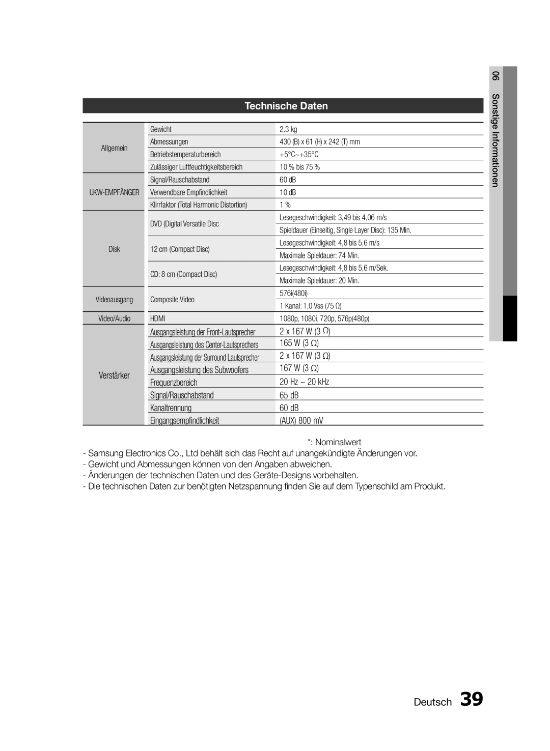 Samsung HT-E455/EN, HT-E455/TK, HT-E453/EN manual Technische Daten, Verstärker, 167 W 3 Ω, 165 W 3 Ω 