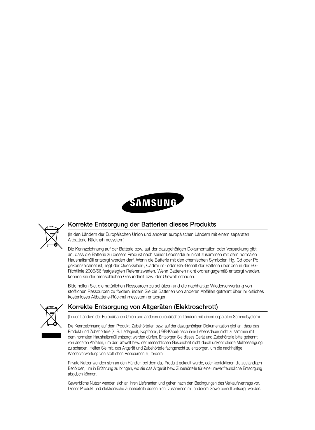 Samsung HT-E455/TK Korrekte Entsorgung der Batterien dieses Produkts, Korrekte Entsorgung von Altgeräten Elektroschrott 