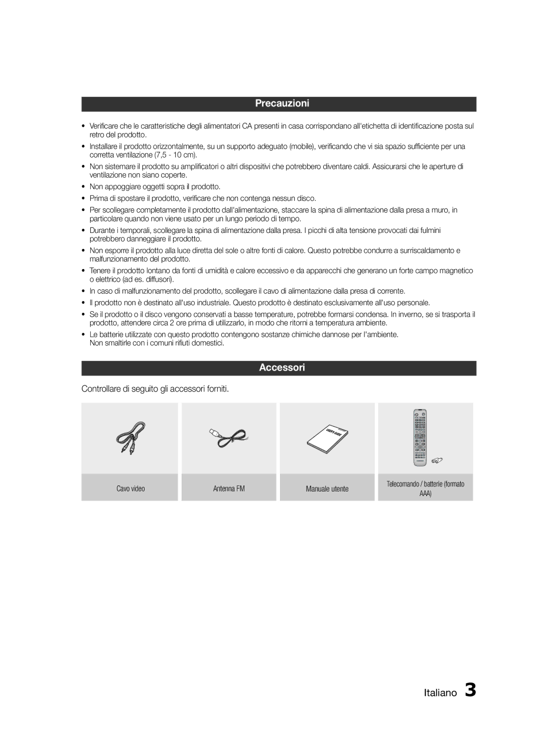 Samsung HT-E455/TK, HT-E455/EN, HT-E453/EN manual Precauzioni, Accessori, Controllare di seguito gli accessori forniti 