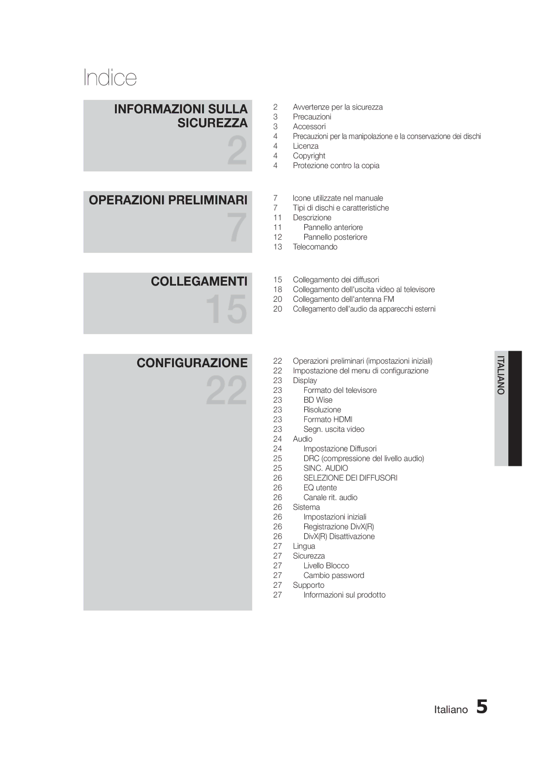 Samsung HT-E453/EN, HT-E455/TK, HT-E455/EN manual Indice, Avvertenze per la sicurezza Precauzioni Accessori, Licenza 