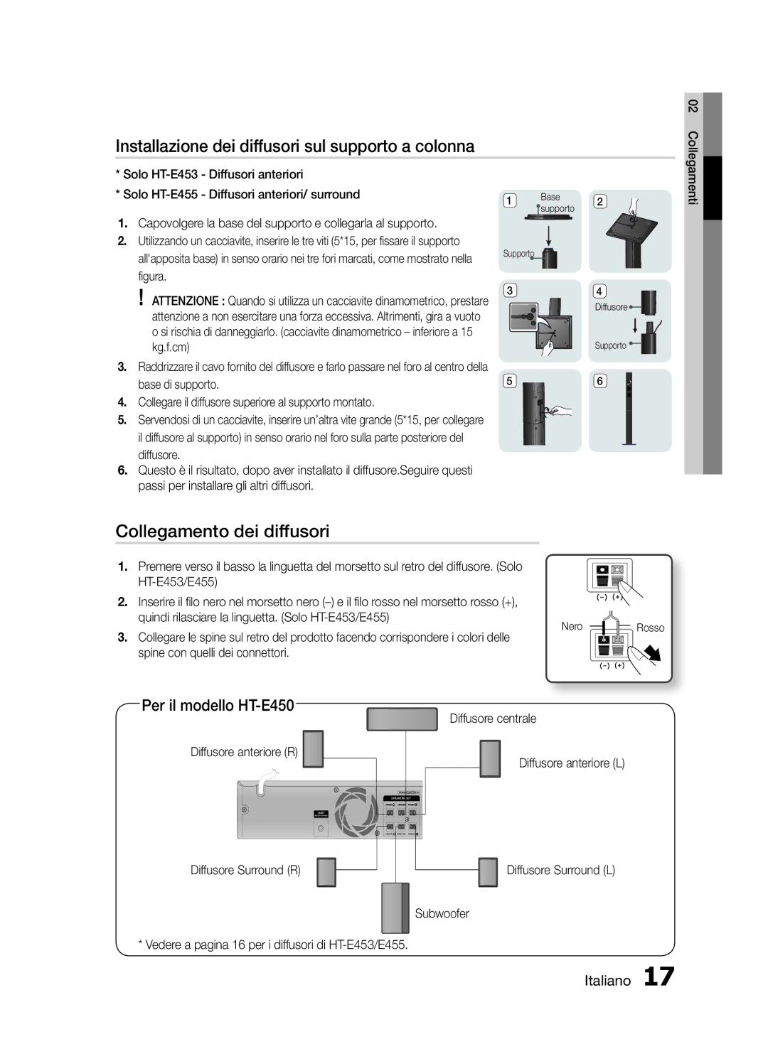 Samsung HT-E453/EN Installazione dei diffusori sul supporto a colonna, Collegamento dei diffusori, Diffusore Surround R 