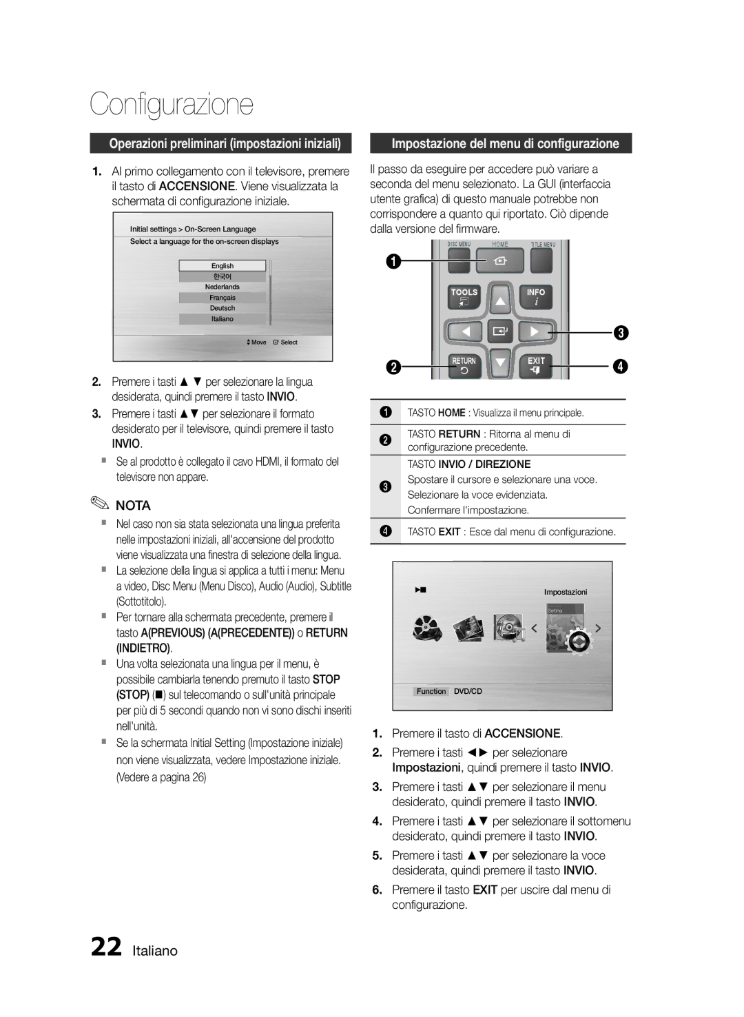 Samsung HT-E455/EN manual Configurazione, Impostazione del menu di configurazione, Invio, Premere il tasto di Accensione 