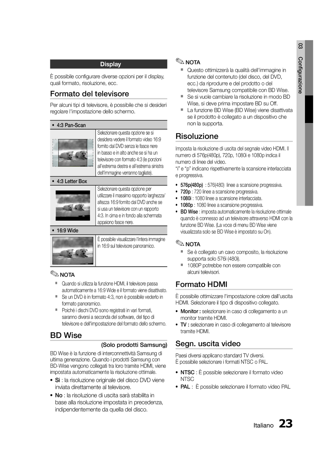 Samsung HT-E453/EN, HT-E455/TK, HT-E455/EN manual Formato del televisore, Risoluzione, Formato Hdmi, Segn. uscita video, Ntsc 