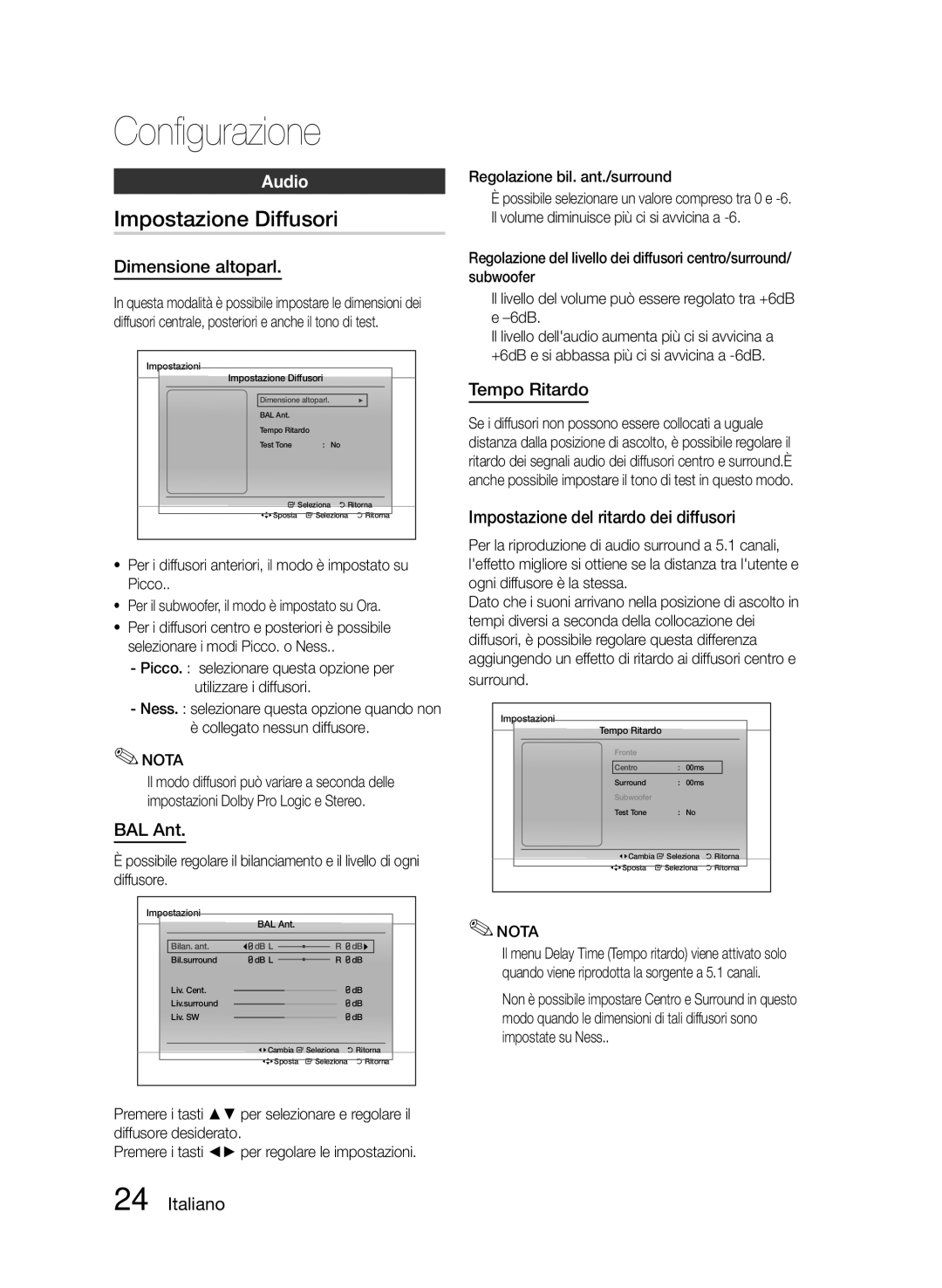 Samsung HT-E455/TK, HT-E455/EN, HT-E453/EN manual Impostazione Diffusori, Dimensione altoparl, BAL Ant, Tempo Ritardo 