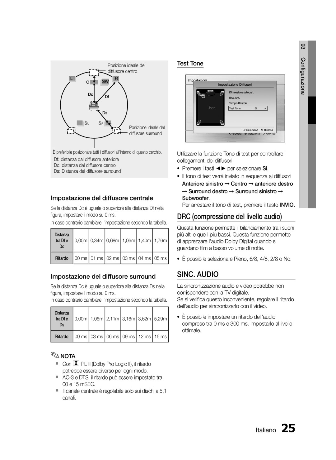 Samsung HT-E455/EN, HT-E455/TK manual DRC compressione del livello audio, SINC. Audio, Impostazione del diffusore centrale 