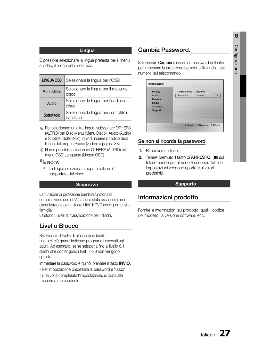 Samsung HT-E455/TK, HT-E455/EN, HT-E453/EN manual Livello Blocco, Informazioni prodotto, Lingua, Sicurezza, Supporto 