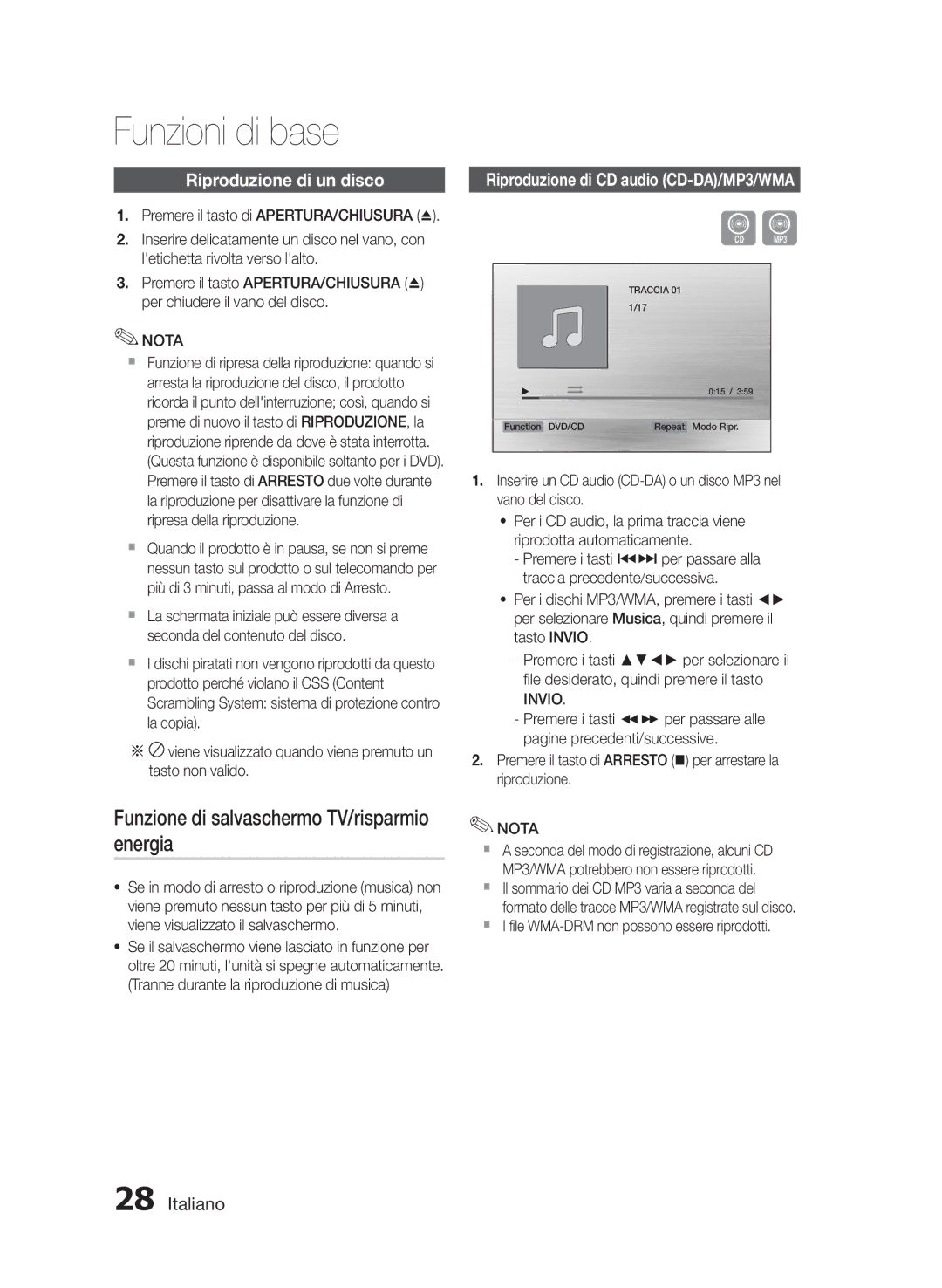 Samsung HT-E455/EN, HT-E455/TK Funzioni di base, Funzione di salvaschermo TV/risparmio energia, Riproduzione di un disco 