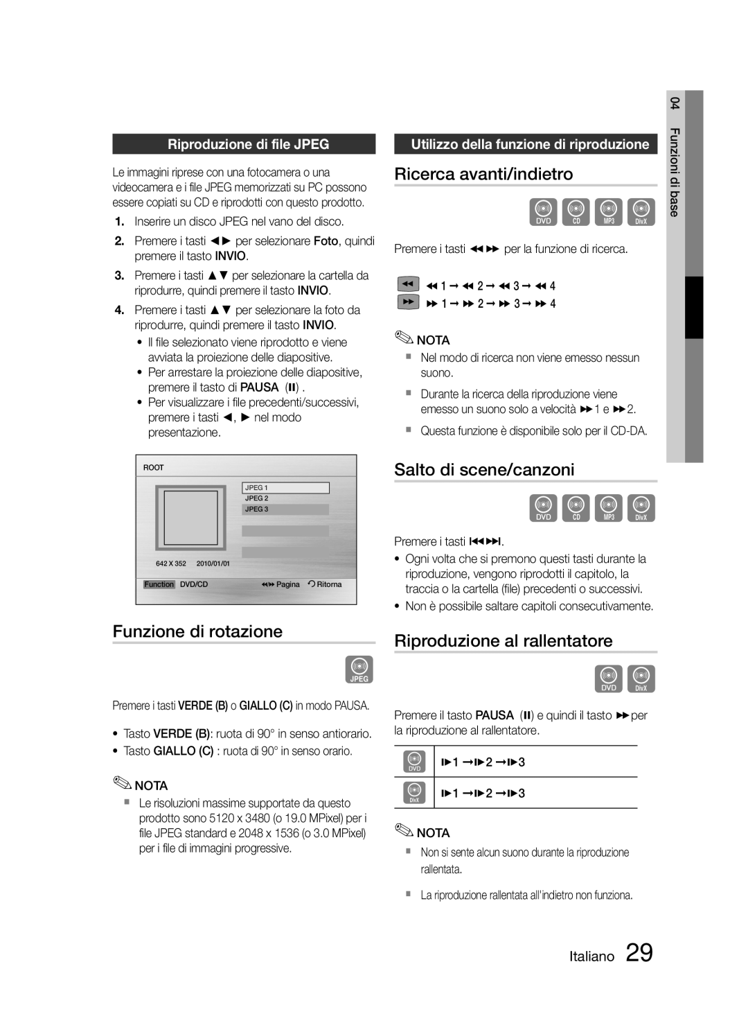 Samsung HT-E453/EN Funzione di rotazione, Ricerca avanti/indietro, Salto di scene/canzoni, Riproduzione al rallentatore 