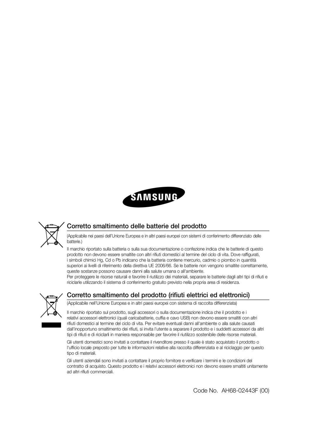 Samsung HT-E453/EN, HT-E455/TK, HT-E455/EN manual Corretto smaltimento delle batterie del prodotto, Code No. AH68-02443F 