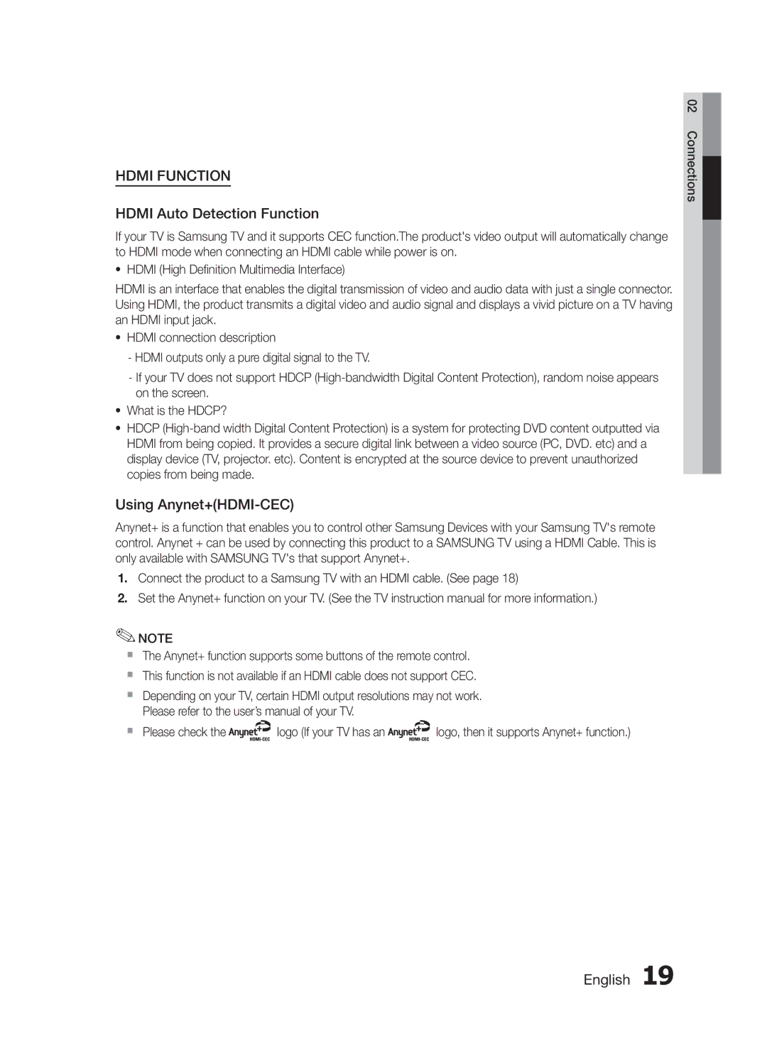 Samsung HT-E455/EN, HT-E455/TK, HT-E453/EN manual Hdmi Auto Detection Function, Using Anynet+HDMI-CEC 