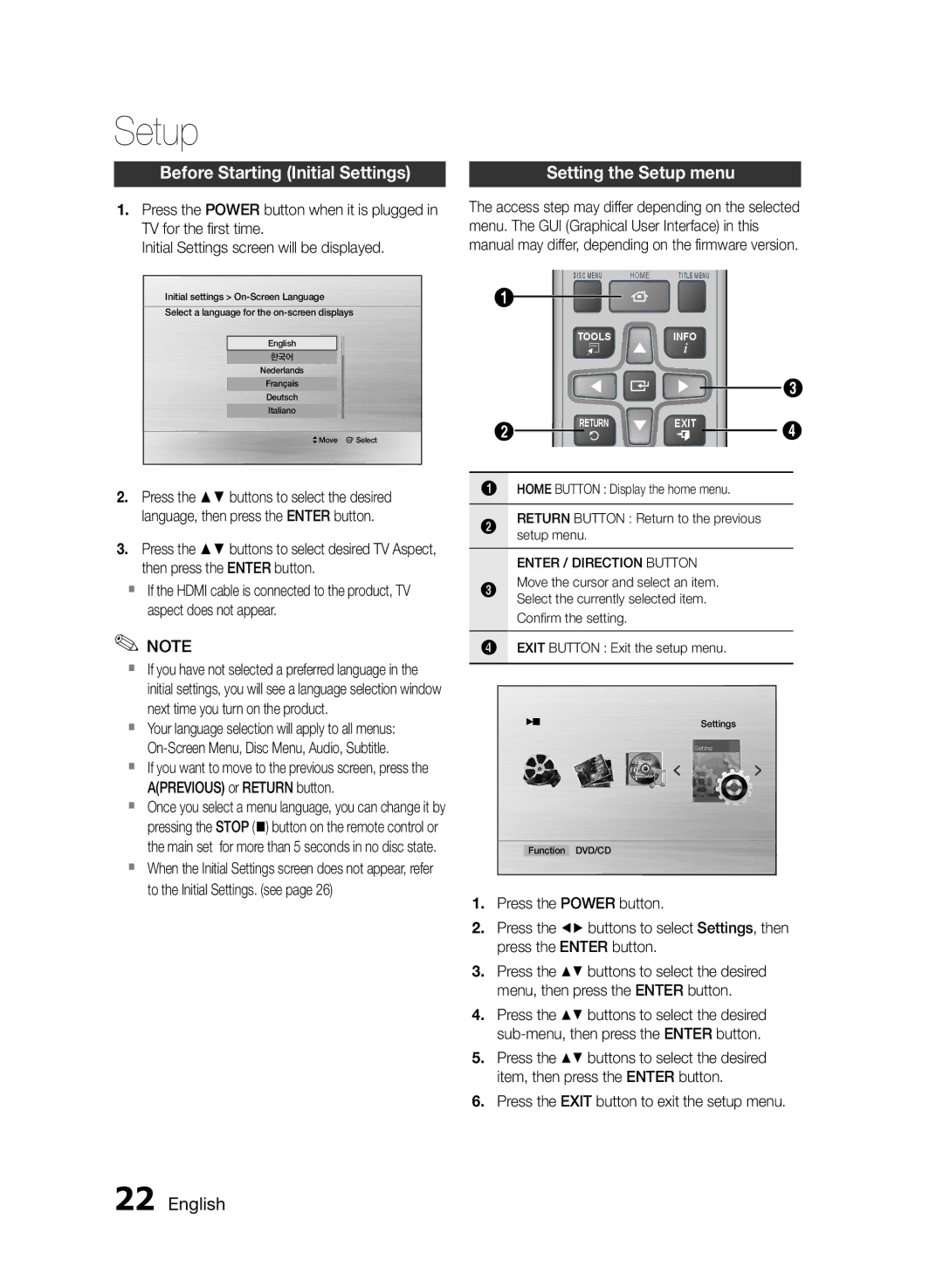 Samsung HT-E455/EN manual Before Starting Initial Settings, Setting the Setup menu, Exit Button Exit the setup menu 