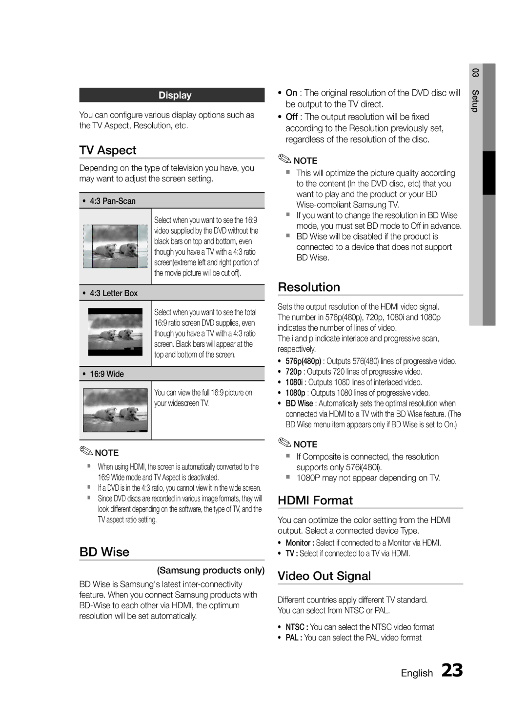 Samsung HT-E453/EN, HT-E455/TK, HT-E455/EN manual TV Aspect, BD Wise, Resolution, Hdmi Format, Video Out Signal 