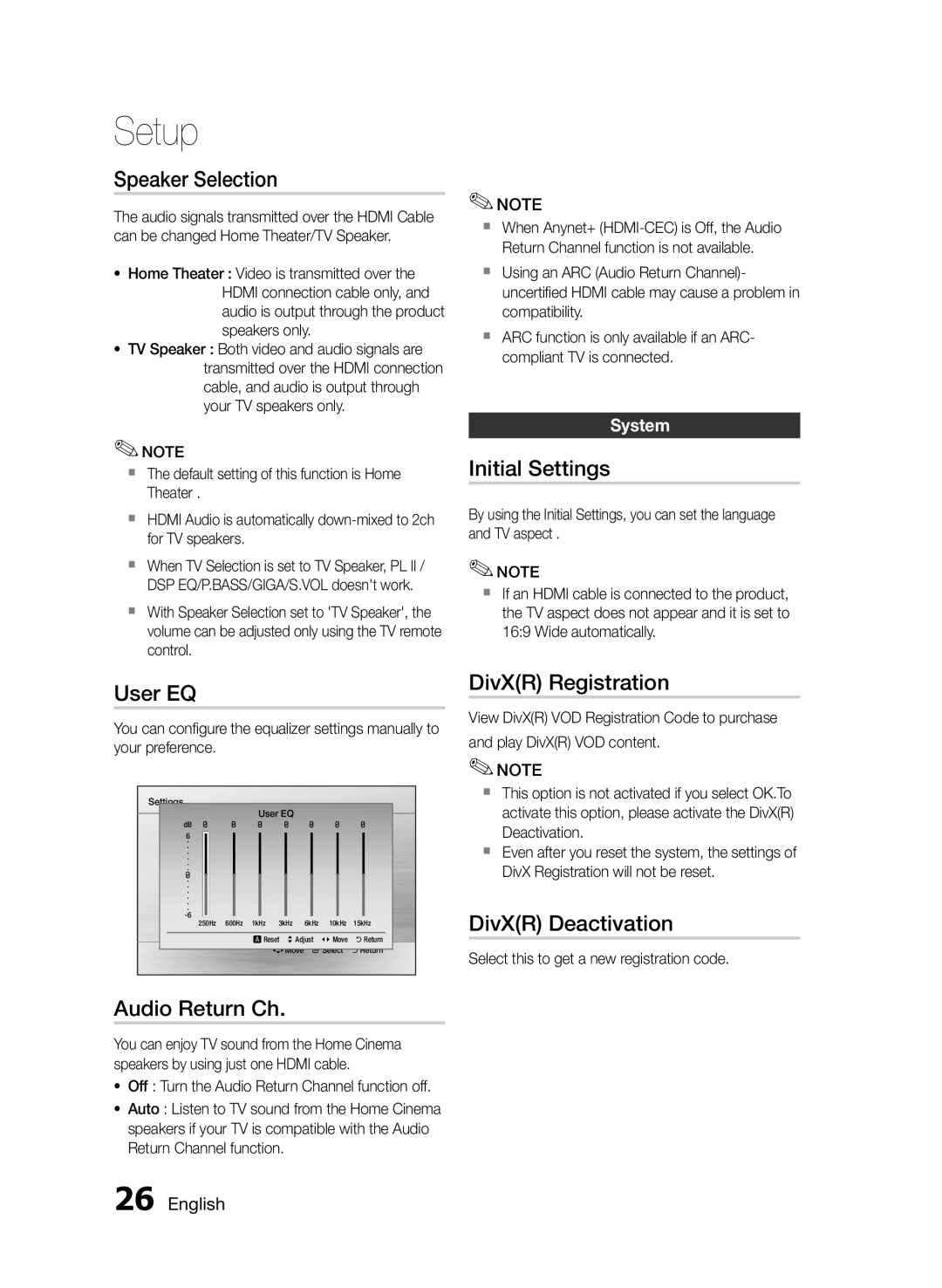 Samsung HT-E453/EN Speaker Selection, User EQ, Audio Return Ch, Initial Settings, DivXR Registration, DivXR Deactivation 