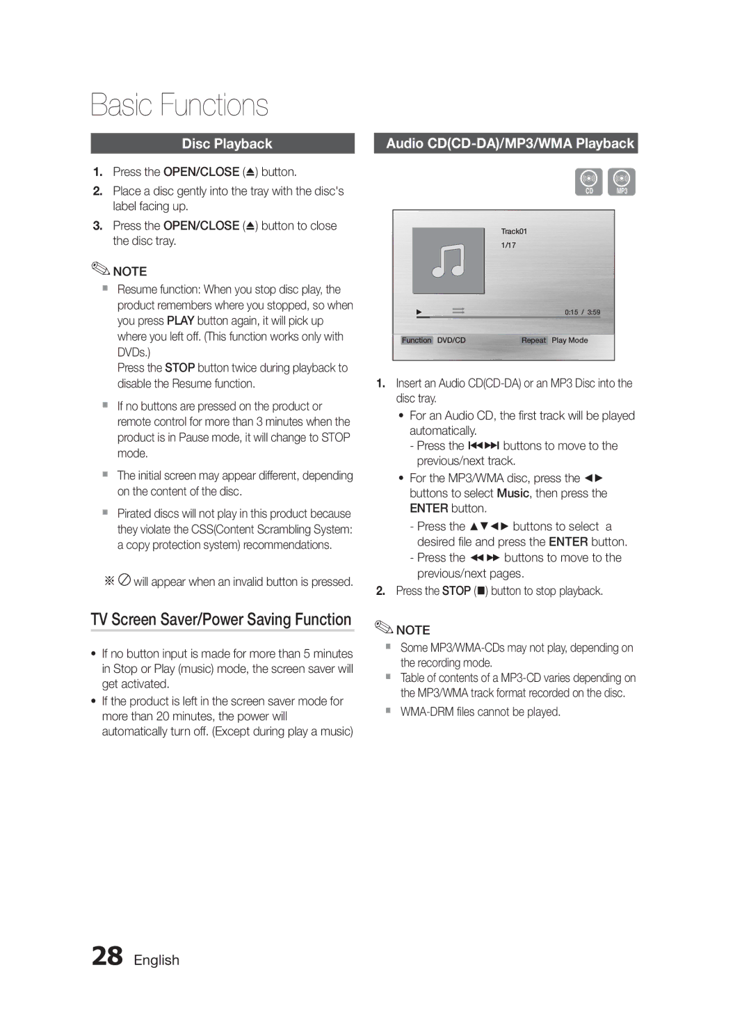 Samsung HT-E455/EN Basic Functions, TV Screen Saver/Power Saving Function, Disc Playback, Audio CDCD-DA/MP3/WMA Playback 