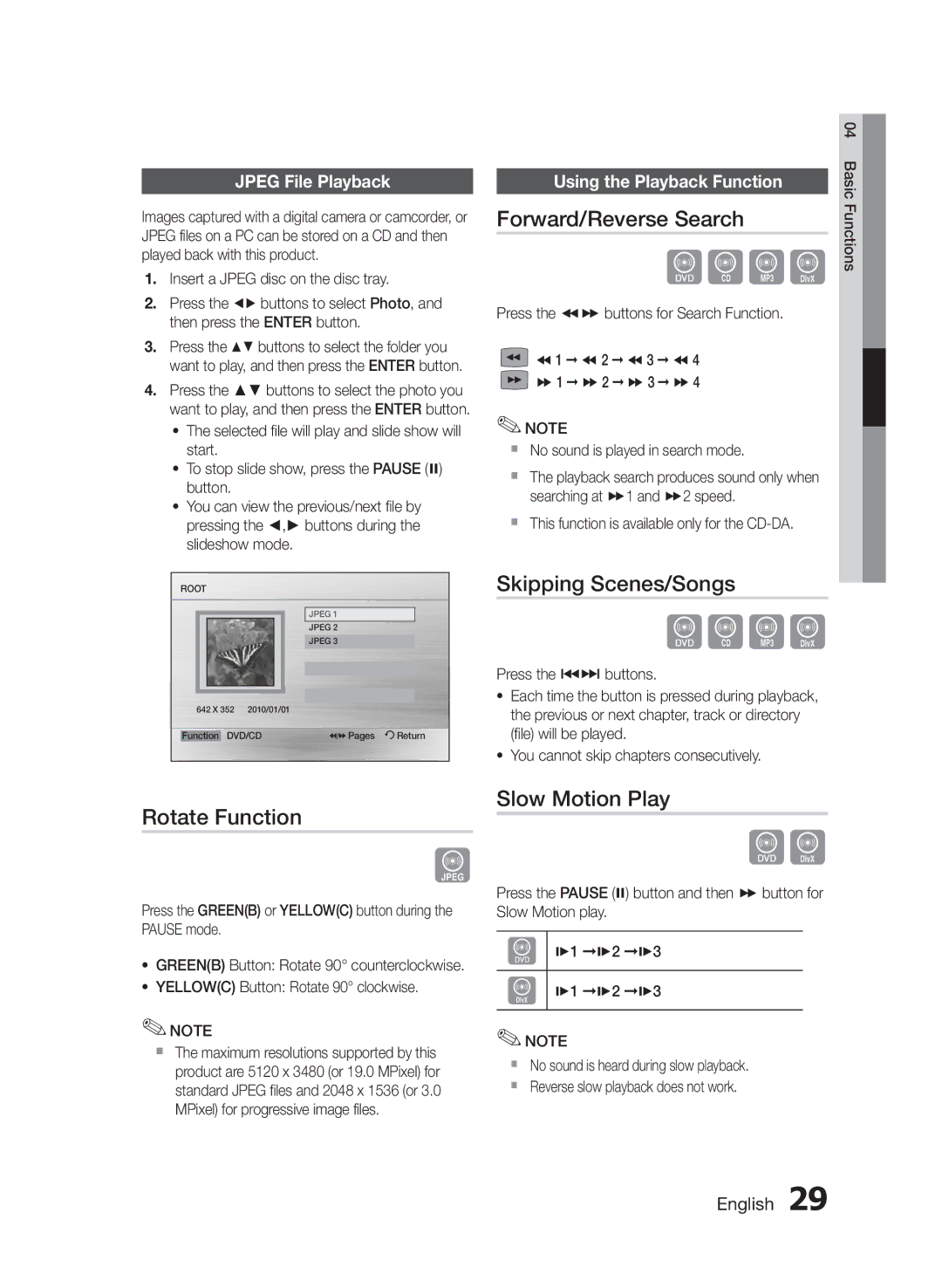 Samsung HT-E453/EN, HT-E455/TK, HT-E455/EN Forward/Reverse Search, Skipping Scenes/Songs, Rotate Function, Slow Motion Play 