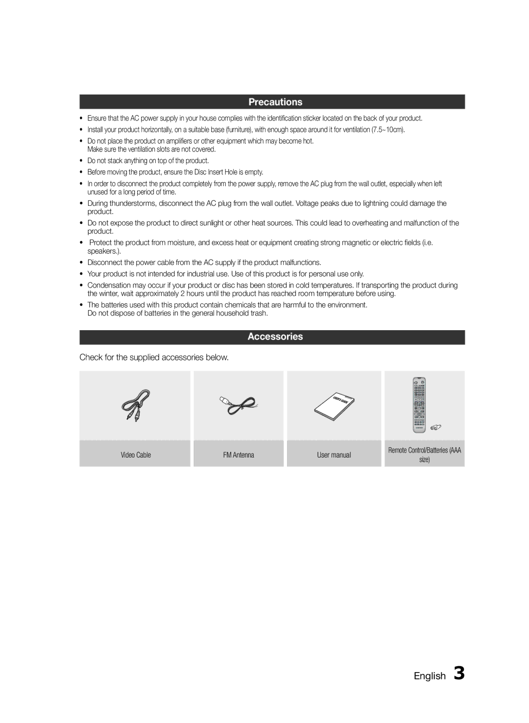 Samsung HT-E455/TK, HT-E455/EN, HT-E453/EN manual Precautions, Accessories, Check for the supplied accessories below 