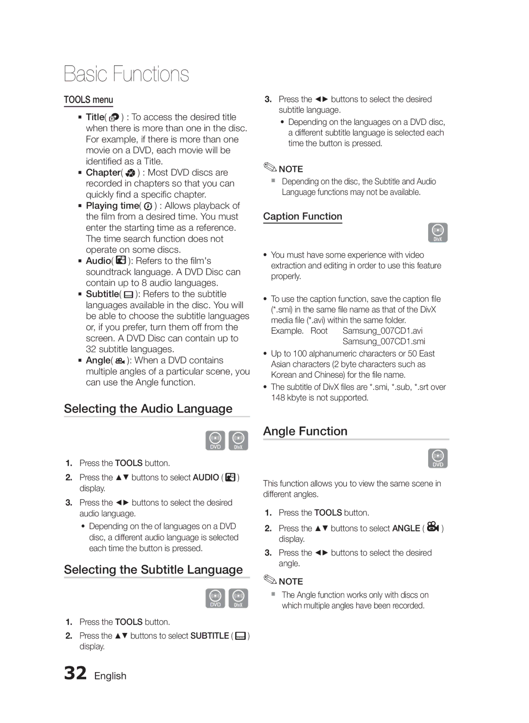 Samsung HT-E453/EN, HT-E455/TK Selecting the Audio Language, Selecting the Subtitle Language, Angle Function, Tools menu 