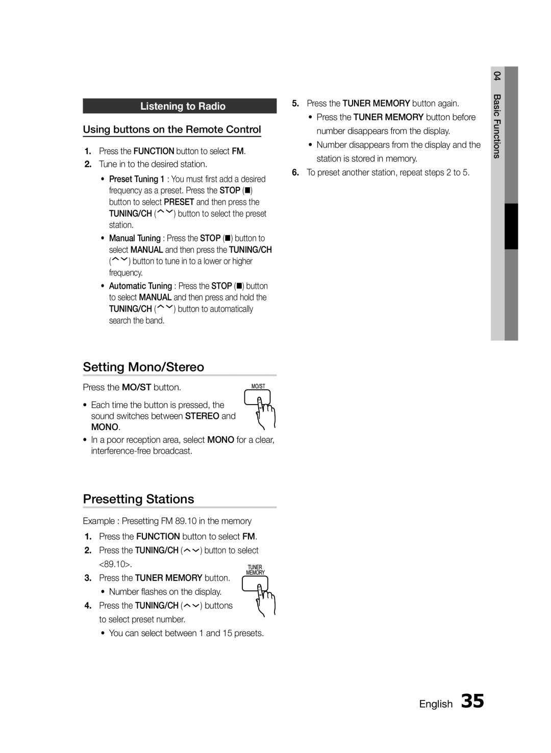 Samsung HT-E453/EN manual Setting Mono/Stereo, Presetting Stations, Listening to Radio, Using buttons on the Remote Control 