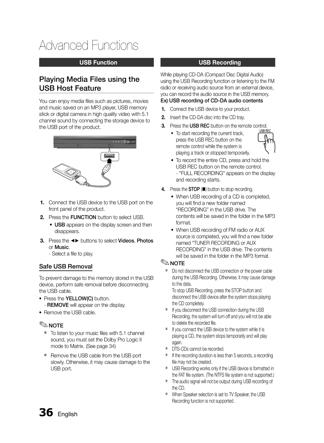 Samsung HT-E455/TK manual Playing Media Files using the USB Host Feature, USB Function, Safe USB Removal, USB Recording 