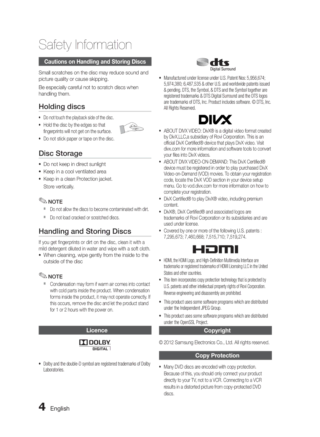 Samsung HT-E455/EN, HT-E455/TK Holding discs, Disc Storage, Handling and Storing Discs, Licence, Copyright Copy Protection 