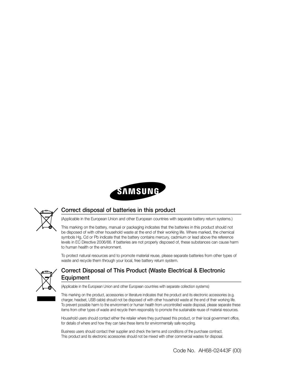 Samsung HT-E453/EN, HT-E455/TK, HT-E455/EN manual Correct disposal of batteries in this product, Code No. AH68-02443F 