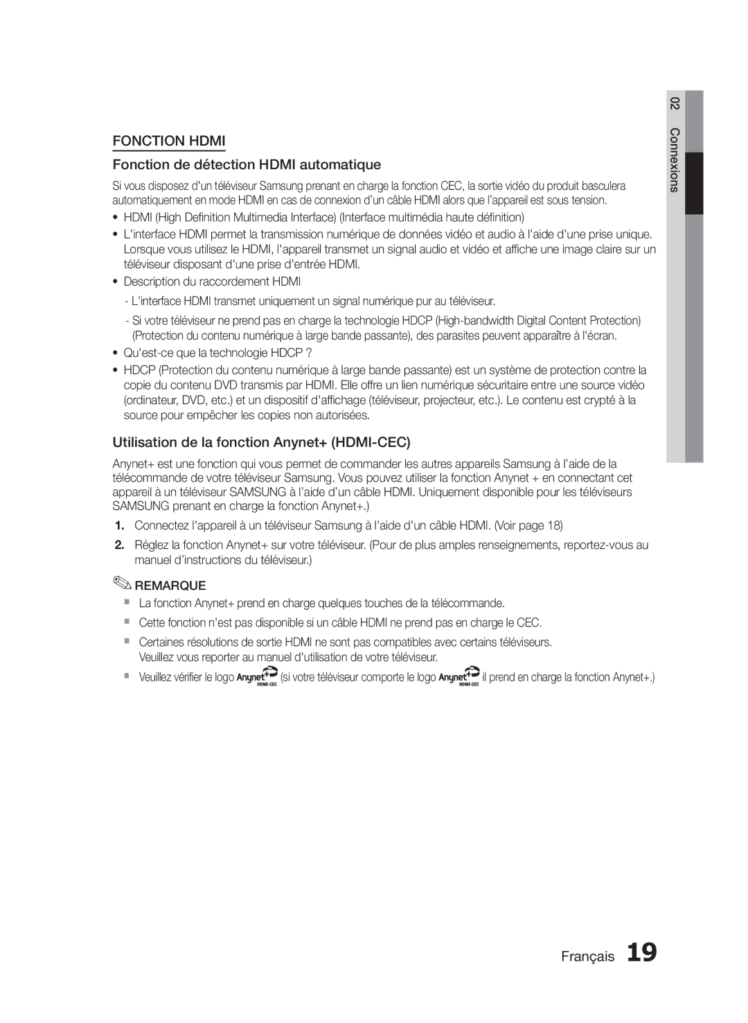 Samsung HT-E455/TK manual Fonction de détection Hdmi automatique, Utilisation de la fonction Anynet+ HDMI-CEC, Connexions 