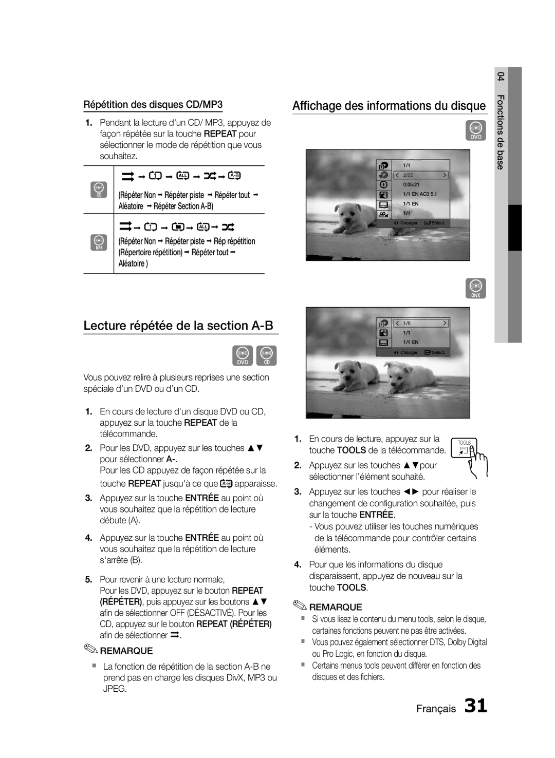 Samsung HT-E455/TK Lecture répétée de la section A-B, Répétition des disques CD/MP3, Aléatoire Répéter Section A-B, Base 