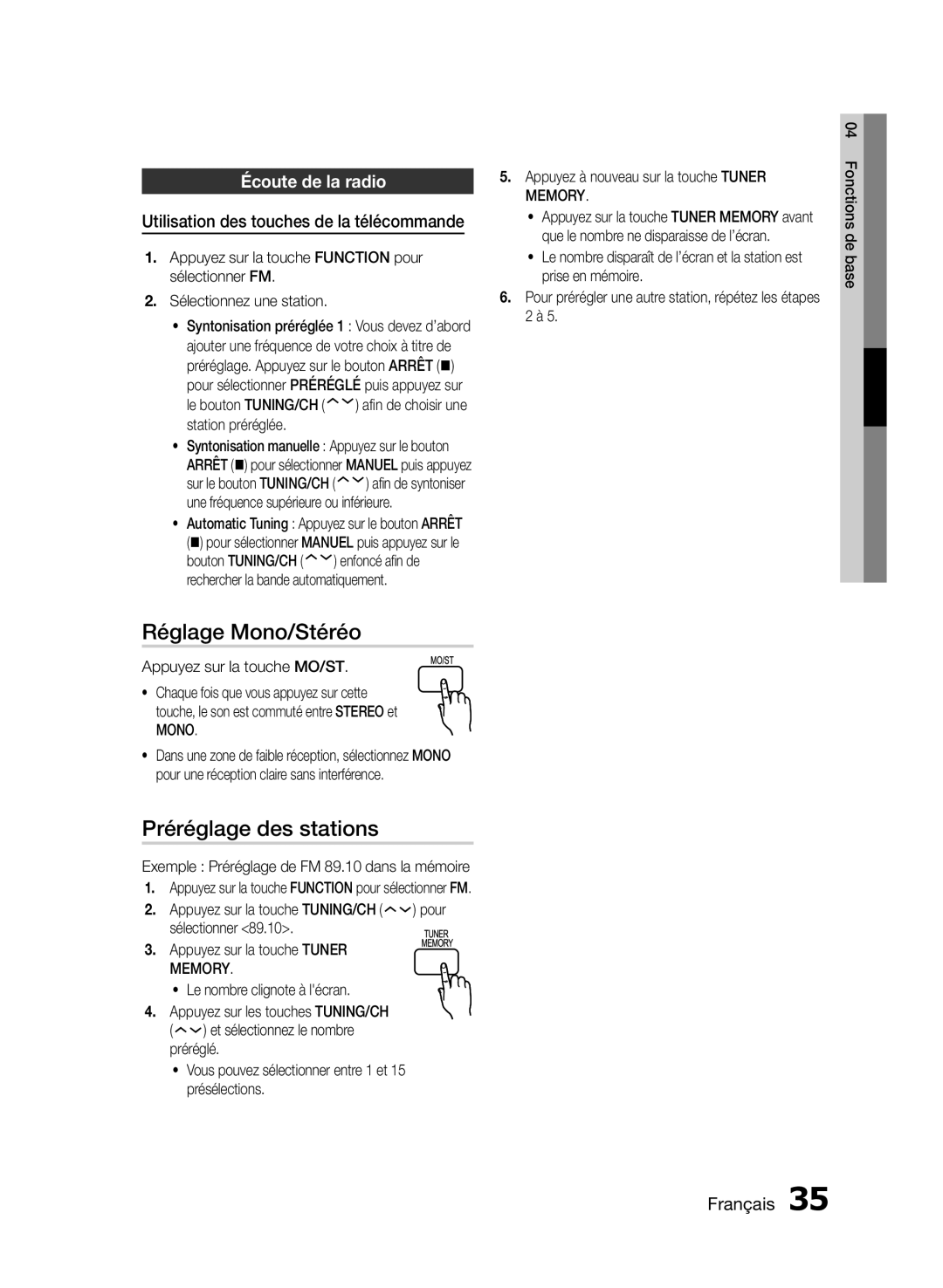 Samsung HT-E455/EN, HT-E455/TK manual Réglage Mono/Stéréo, Préréglage des stations, Écoute de la radio, Fonctions de base 