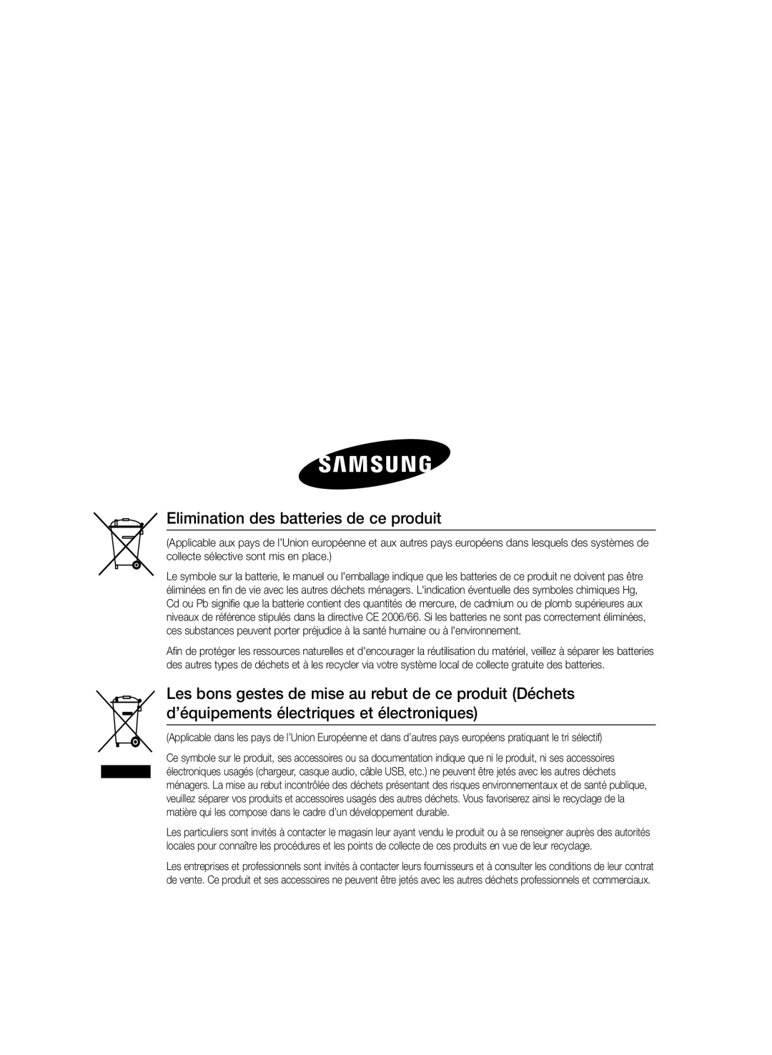 Samsung HT-E455/EN, HT-E455/TK, HT-E453/EN manual Elimination des batteries de ce produit 