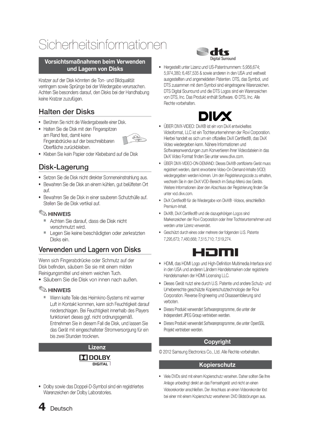 Samsung HT-E453/EN, HT-E455/TK, HT-E455/EN manual Halten der Disks, Disk-Lagerung, Verwenden und Lagern von Disks 