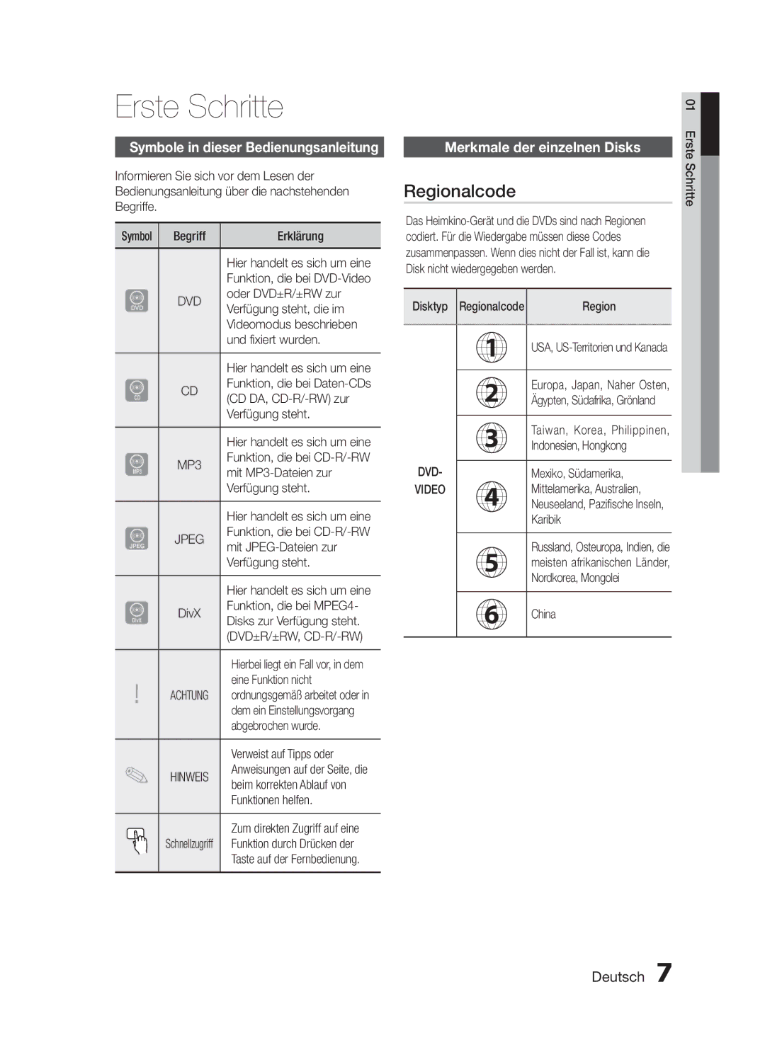 Samsung HT-E453/EN manual Erste Schritte, Regionalcode, Symbole in dieser Bedienungsanleitung, Merkmale der einzelnen Disks 