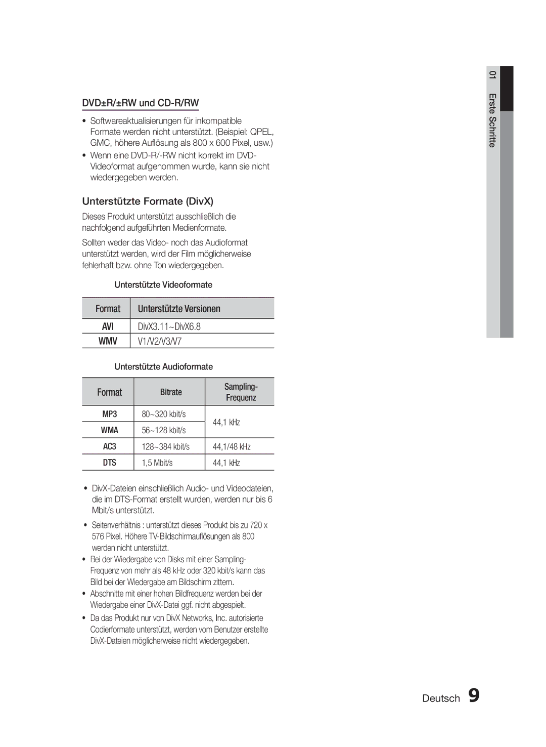 Samsung HT-E455/EN, HT-E455/TK, HT-E453/EN DVD±R/±RW und CD-R/RW, Unterstützte Formate DivX, Format Unterstützte Versionen 