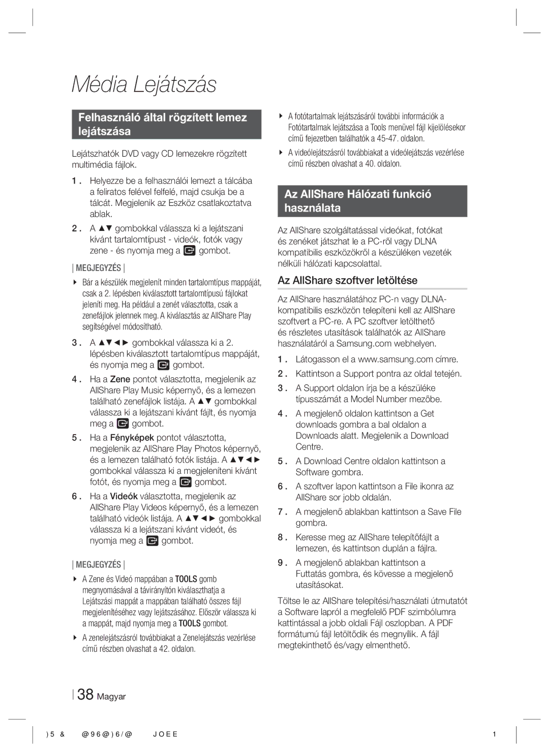 Samsung HT-E5200/EN manual Felhasználó által rögzített lemez Lejátszása, Az AllShare Hálózati funkció Használata 