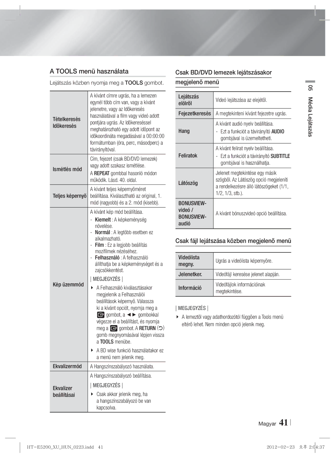 Samsung HT-E5200/EN manual Tools menü használata, Csak BD/DVD lemezek lejátszásakor Megjelenő menü 