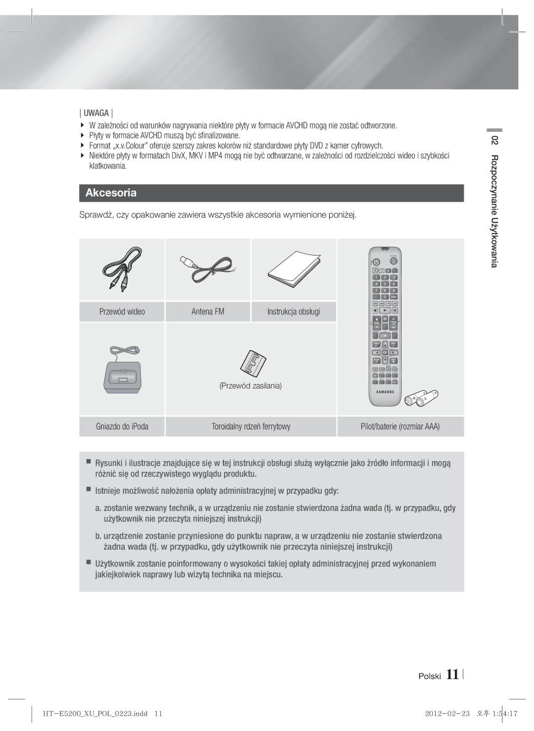 Samsung HT-E5200/EN manual Akcesoria, Przewód wideo Antena FM Instrukcja obsługi, Gniazdo do iPoda 