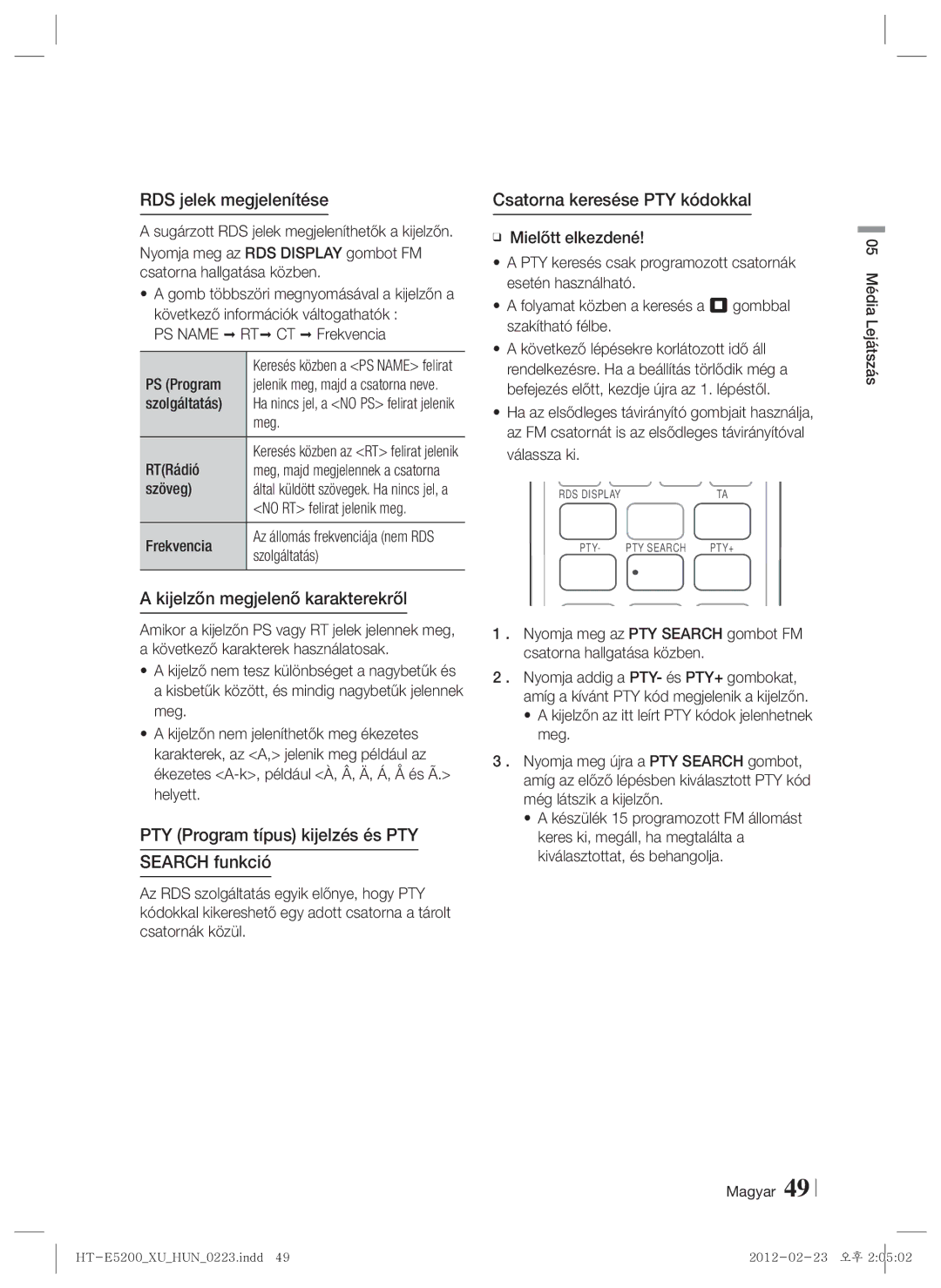 Samsung HT-E5200/EN manual RDS jelek megjelenítése, Csatorna keresése PTY kódokkal, Kijelzőn megjelenő karakterekről 