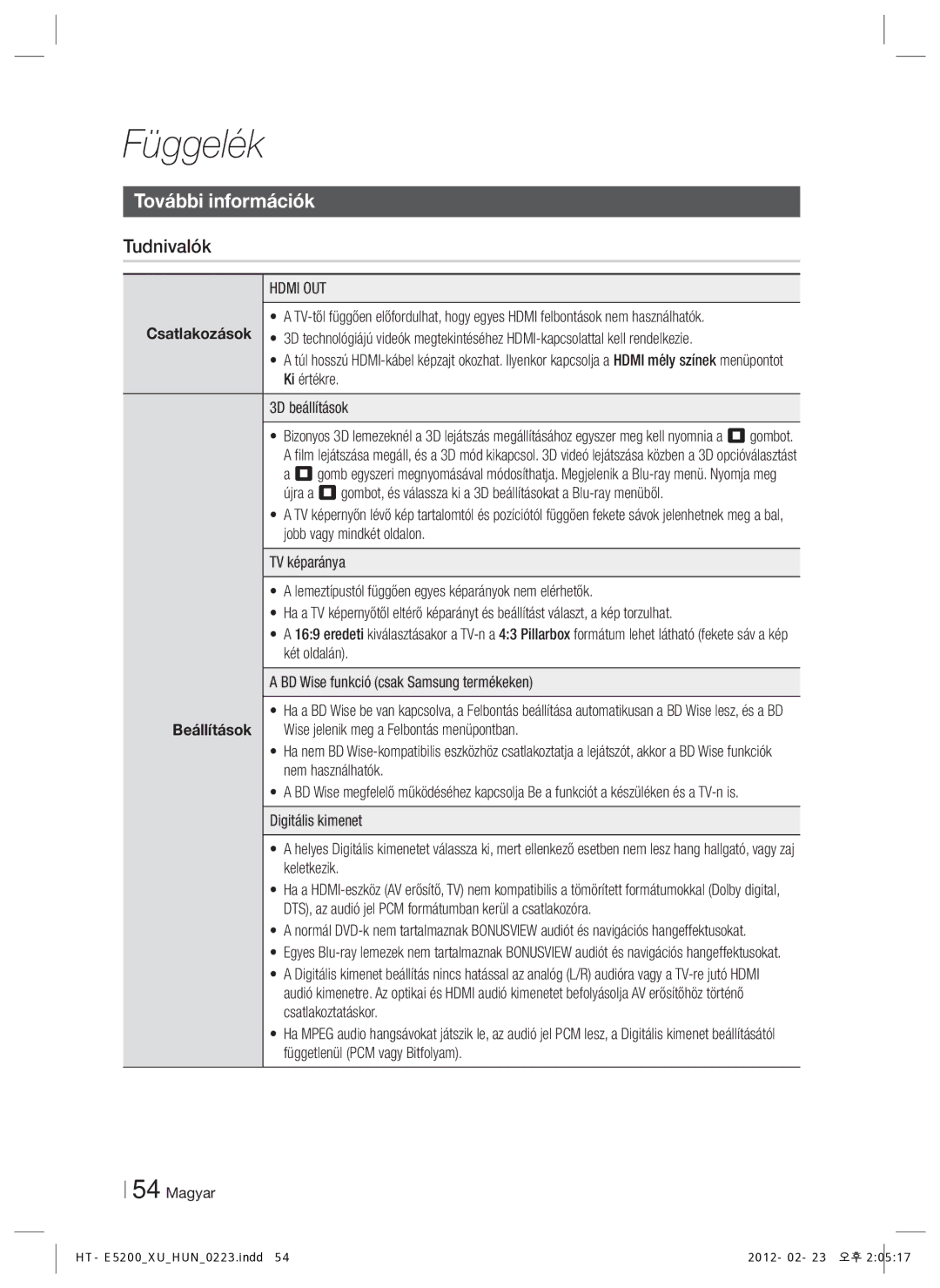 Samsung HT-E5200/EN manual Függelék, További információk, Tudnivalók, Hdmi OUT 