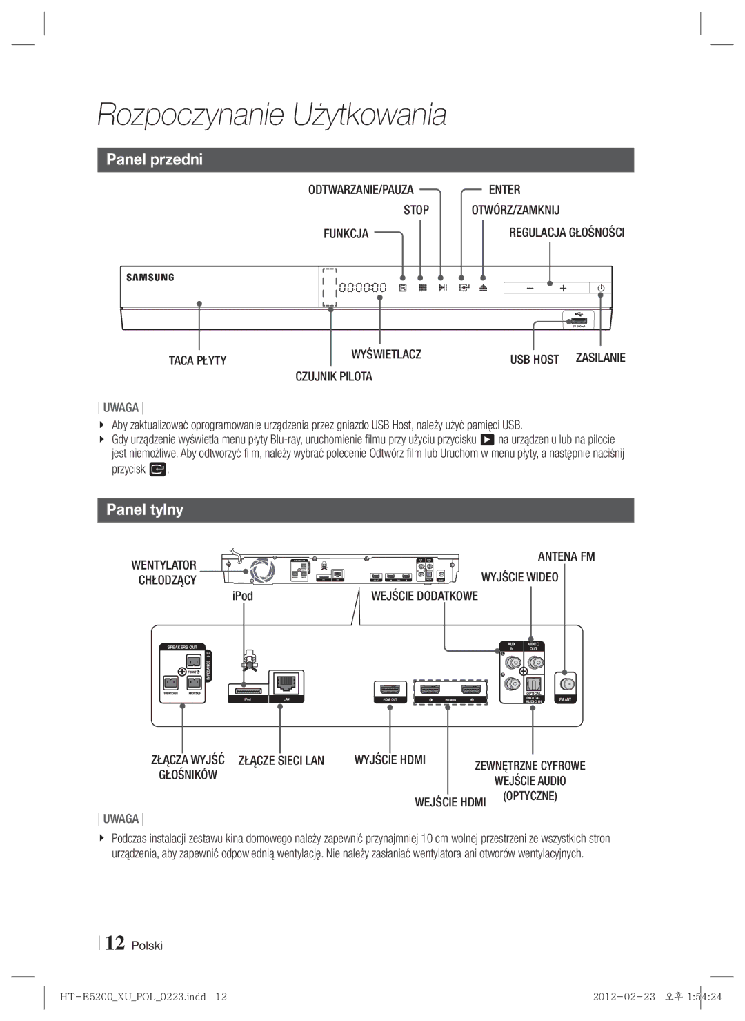 Samsung HT-E5200/EN manual Panel przedni, Panel tylny 