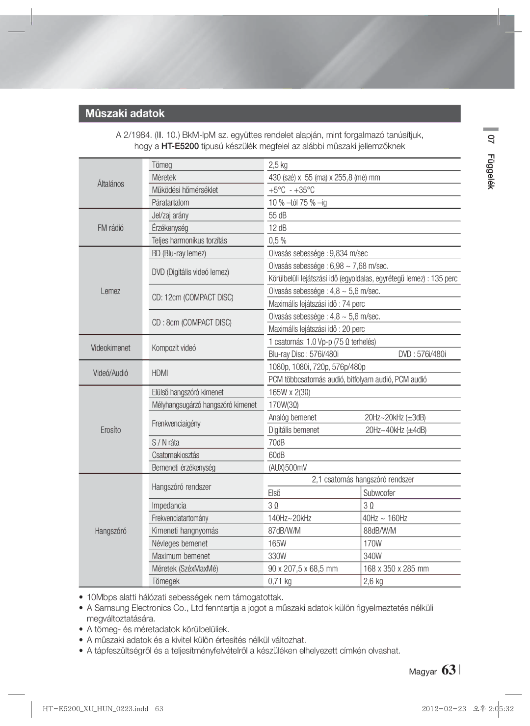 Samsung HT-E5200/EN manual Mûszaki adatok, Tömeg, Elülső hangszóró kimenet, 170W3Ω 20Hz~20kHz ±3dB, DVD 576i/480i 