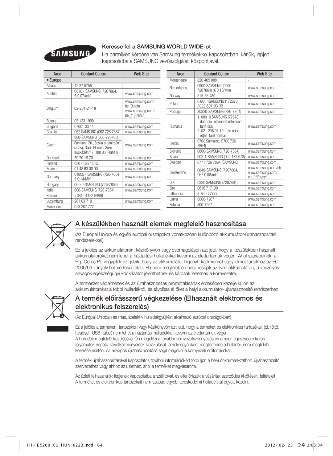 Samsung HT-E5200/EN manual Készülékben használt elemek megfelelő hasznosítása, Keresse fel a Samsung World WIDE-ot 