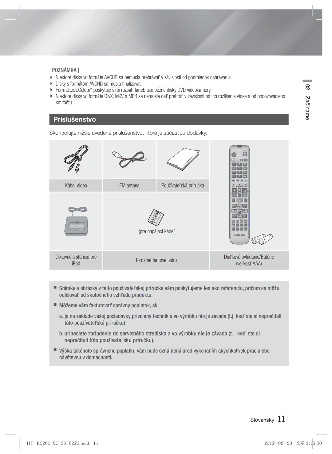 Samsung HT-E5200/EN manual Príslušenstvo, FM anténa Používateľská príručka, Pre napájací kábel, Toroidné feritové jadro 