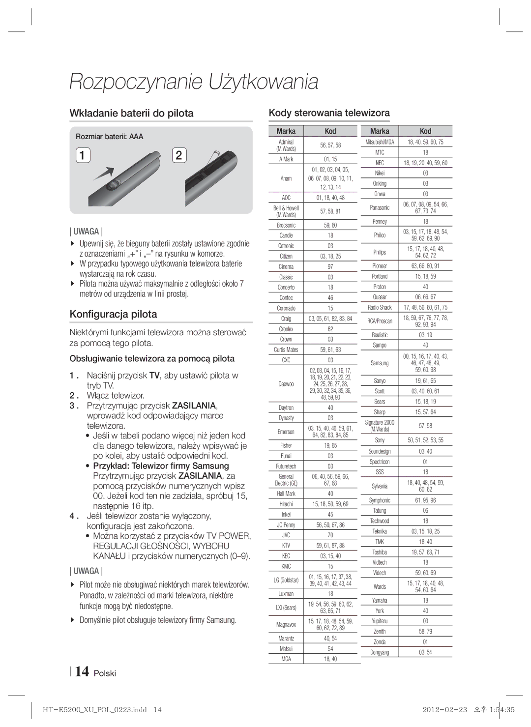 Samsung HT-E5200/EN manual Wkładanie baterii do pilota, Konfiguracja pilota, Kody sterowania telewizora 