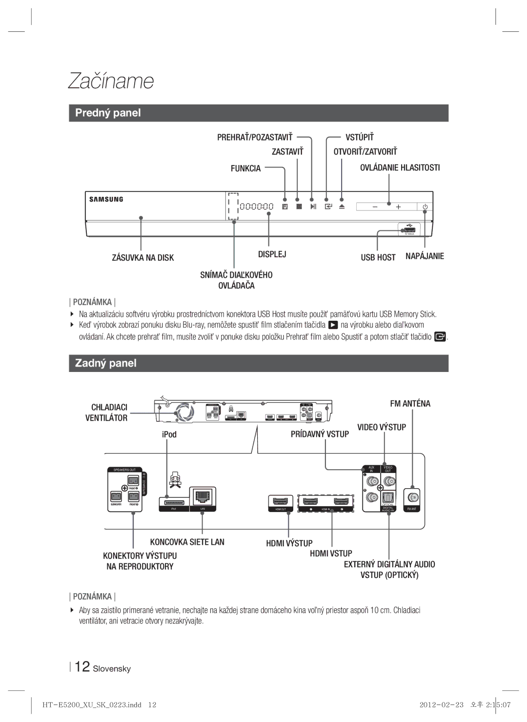 Samsung HT-E5200/EN manual Predný panel, Zadný panel 