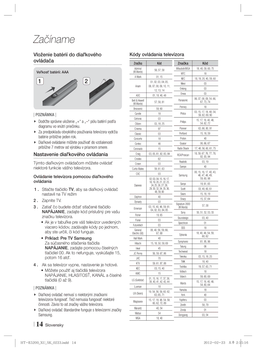 Samsung HT-E5200/EN Vloženie batérií do diaľkového ovládača, Nastavenie diaľkového ovládania, Kódy ovládania televízora 