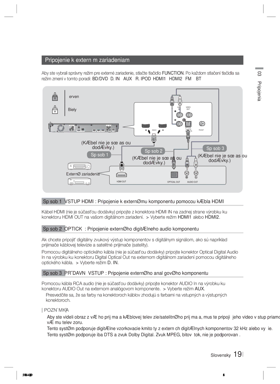 Samsung HT-E5200/EN manual Pripojenie k externým zariadeniam, Kábel nie je súčasťou Dodávky, Pripojenia Červený, Biely 