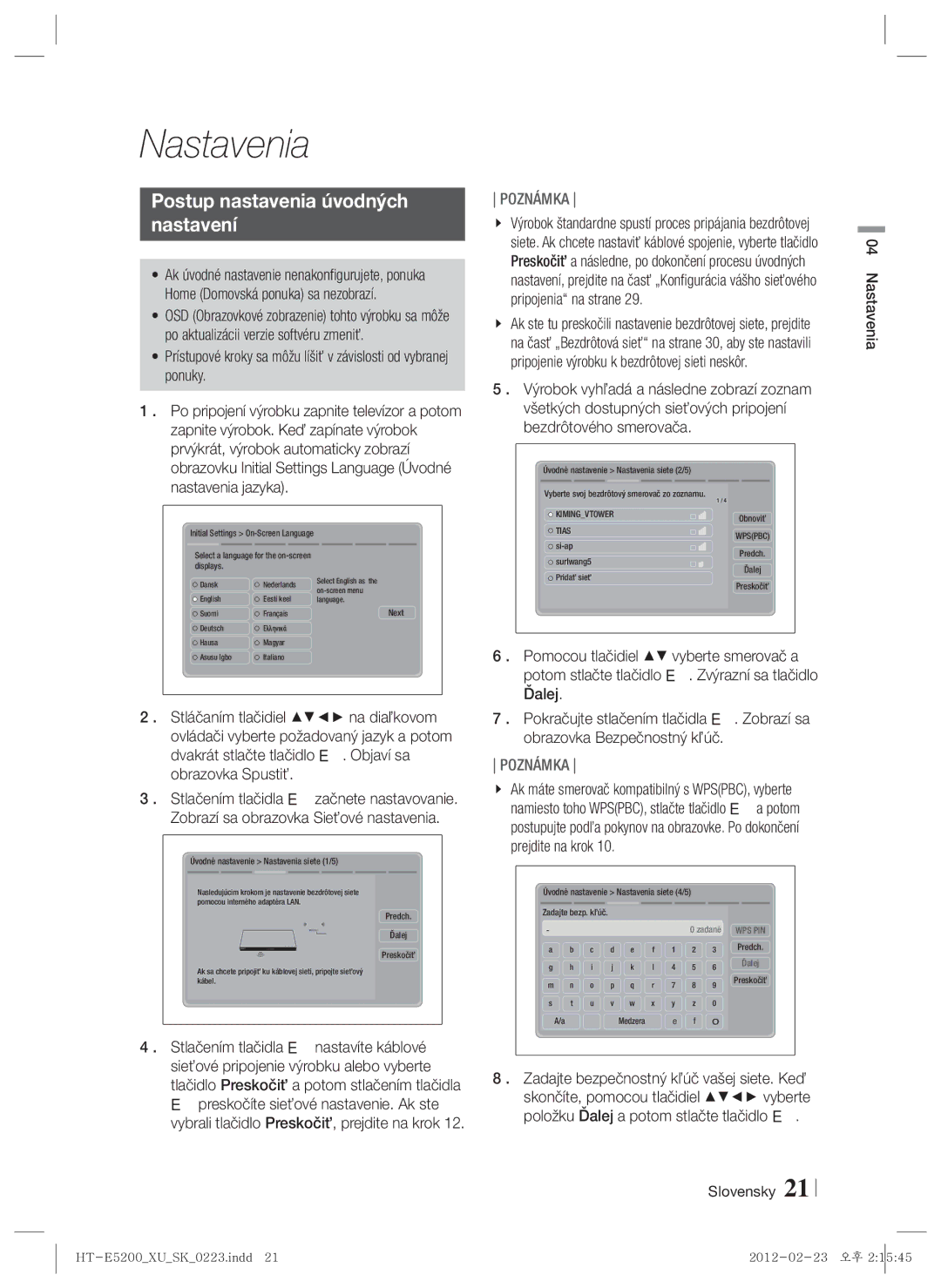 Samsung HT-E5200/EN manual Postup nastavenia úvodných Nastavení, Slovensky Nastavenia 