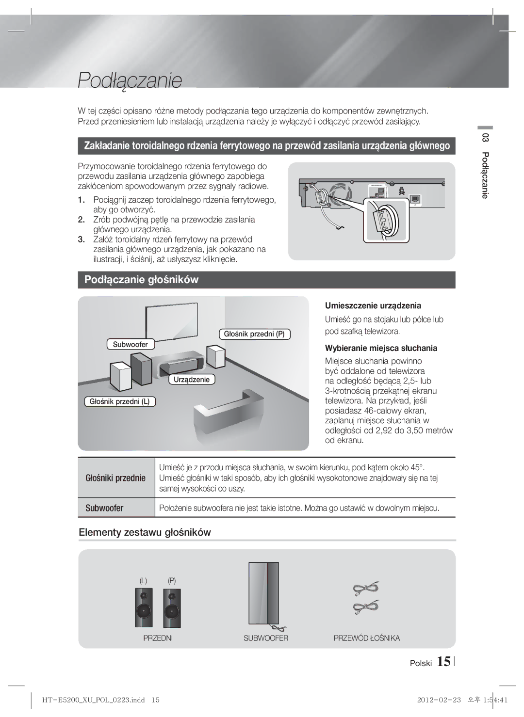 Samsung HT-E5200/EN manual Podłączanie głośników, Elementy zestawu głośników, Umieszczenie urządzenia 