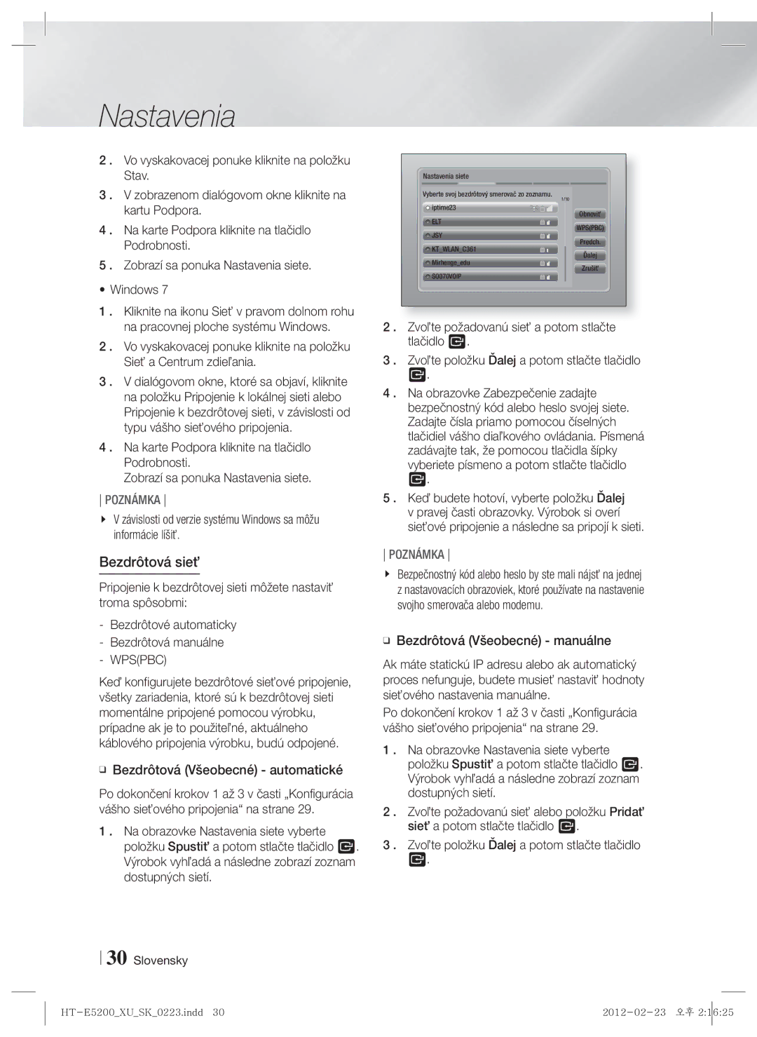 Samsung HT-E5200/EN manual Bezdrôtová sieť, Bezdrôtová Všeobecné automatické, Bezdrôtová Všeobecné manuálne 