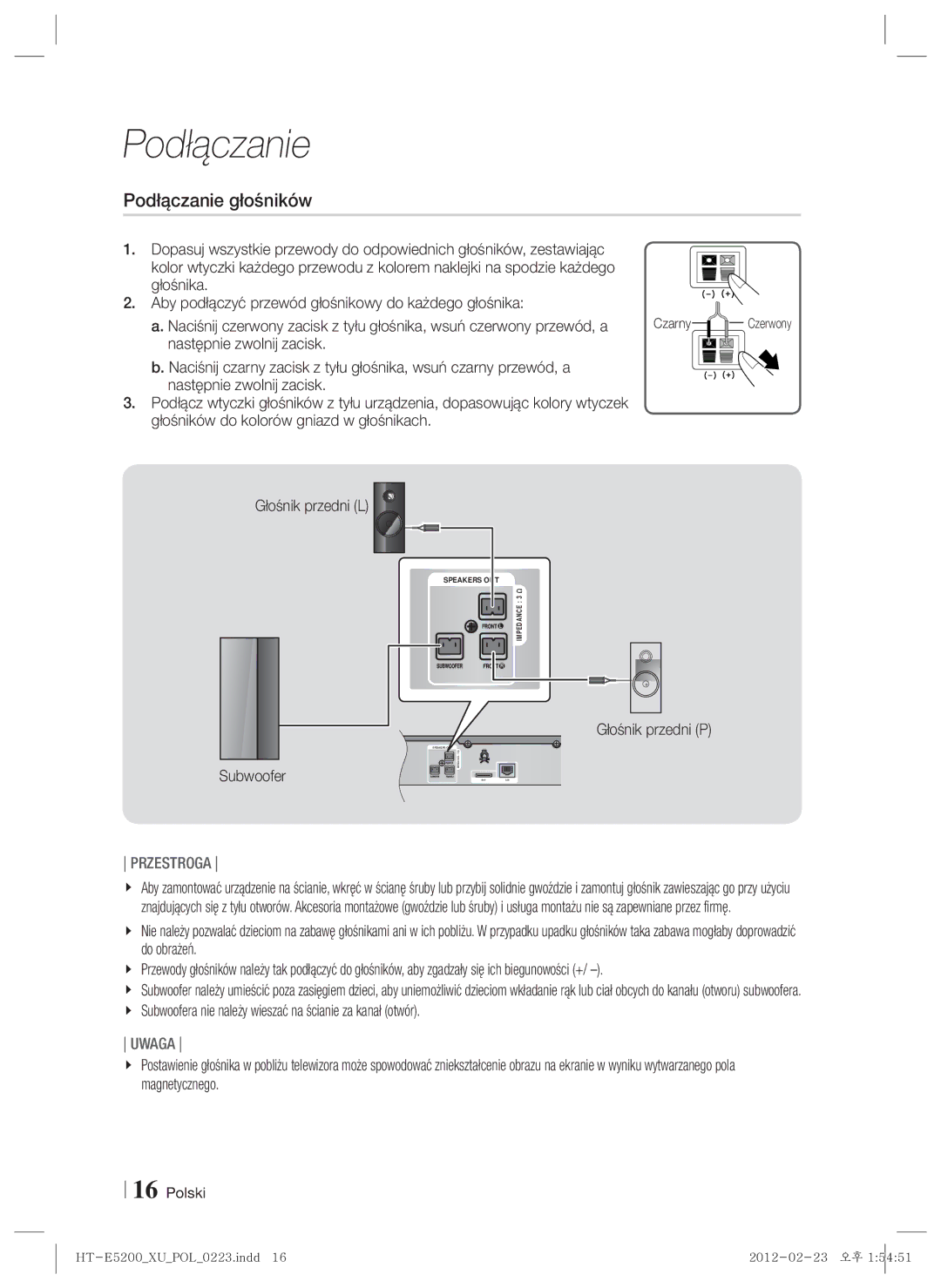 Samsung HT-E5200/EN manual Podłączanie głośników, Głośnik przedni P, Czarny 