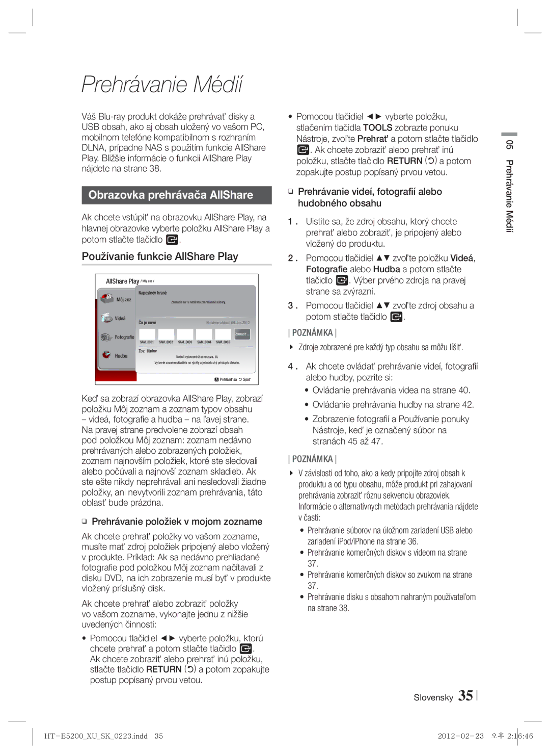 Samsung HT-E5200/EN manual Prehrávanie Médií, Obrazovka prehrávača AllShare, Používanie funkcie AllShare Play, Časti 